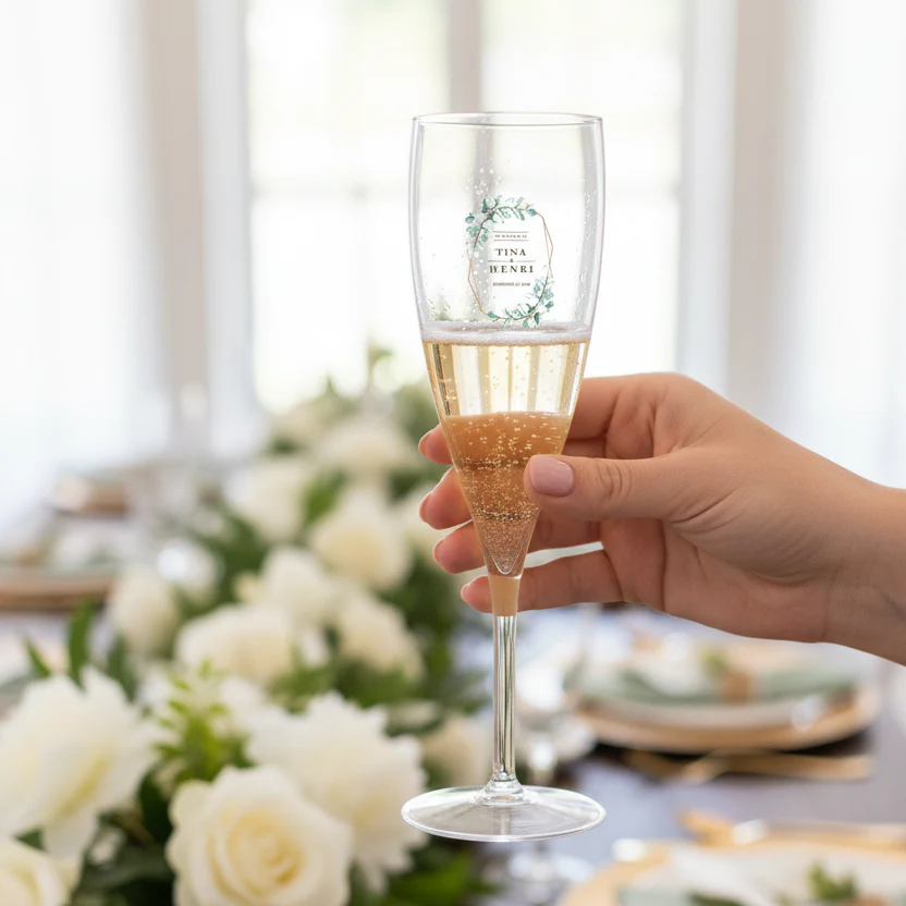 Flûte à champagne personnalisée Effervescence incassable - Mariage Vert & Doré - Image 2