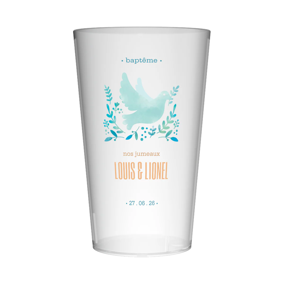 Gobelet personnalisé Baptême Colombe Jumeaux