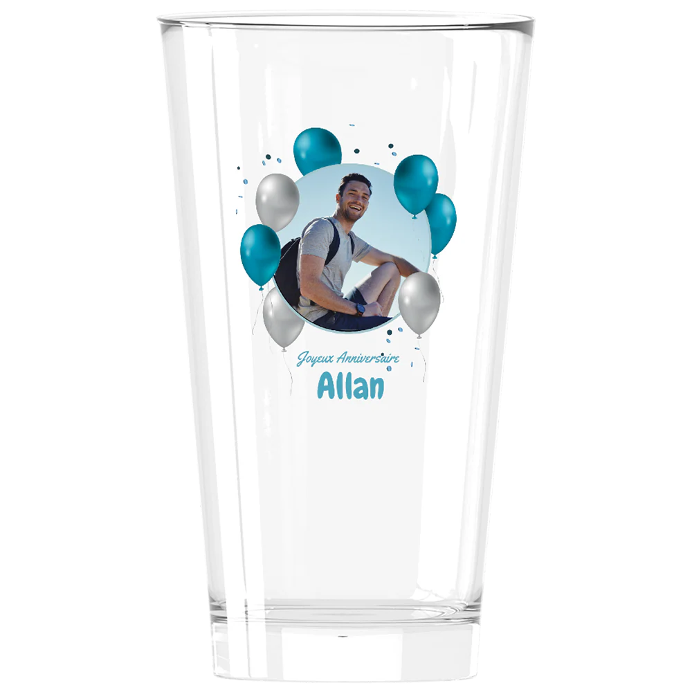 Verre à bière personnalisé Pinte en verre - Anniversaire Photo & Ballons Bleus