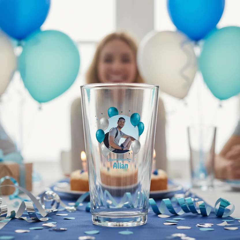 Verre à bière personnalisé Pinte en verre - Anniversaire Photo & Ballons Bleus - Image 2