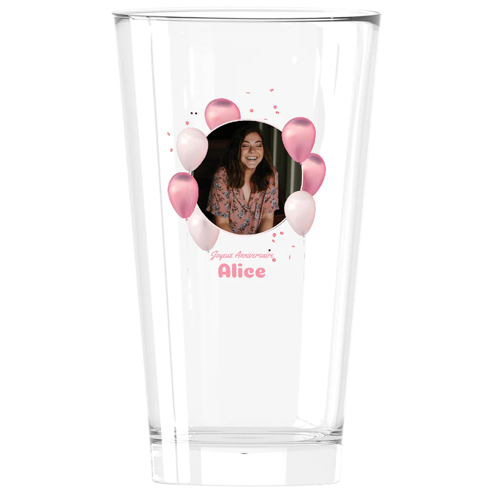 Verre à bière personnalisé Pinte en verre - Anniversaire Photo & Ballons Roses