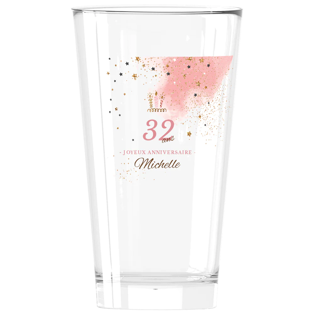 Verre à bière personnalisé Pinte en verre - Anniversaire Rose & Doré