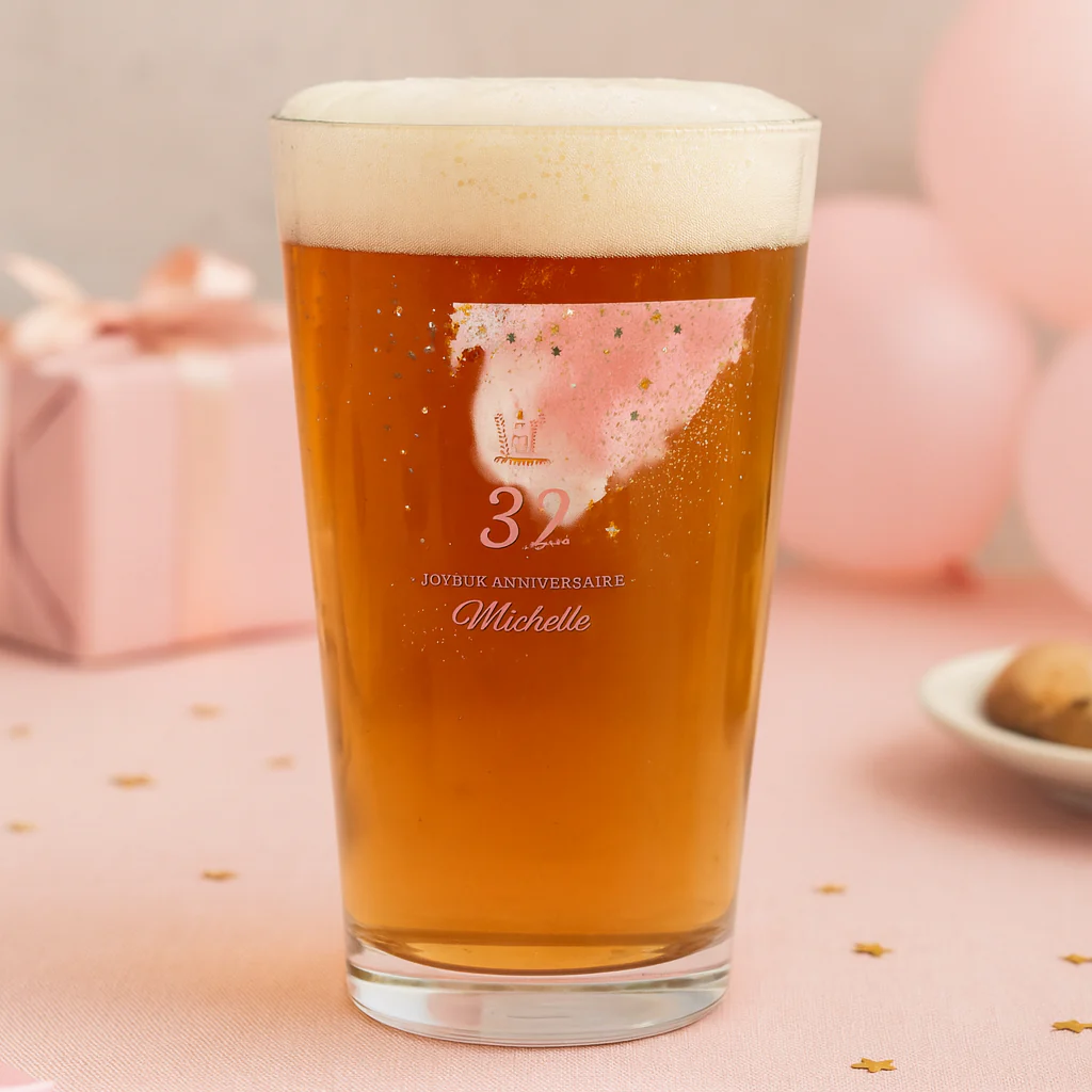 Verre à bière personnalisé Pinte en verre - Anniversaire Rose & Doré - Image 2