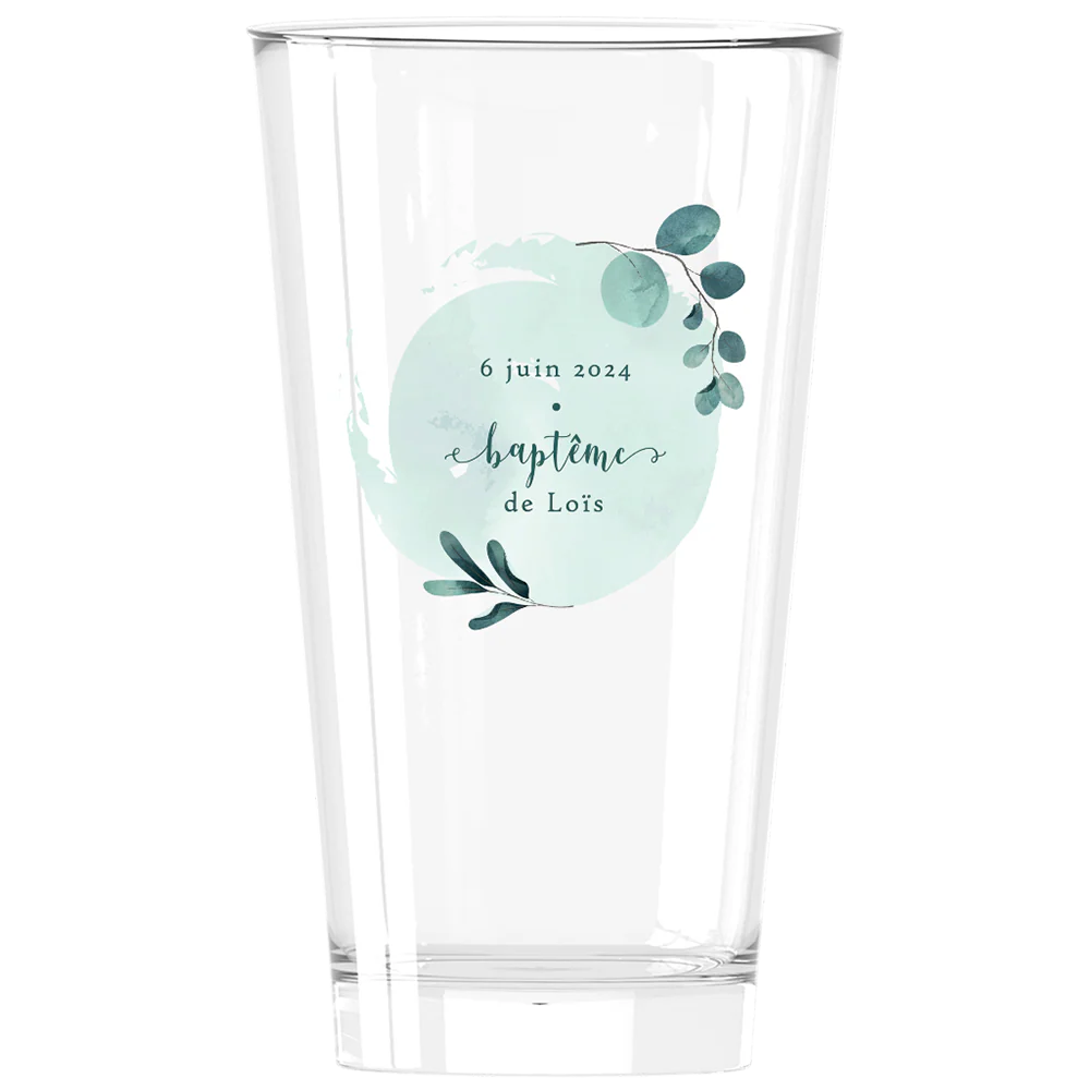 Verre à bière personnalisé Pinte en verre - Baptême Bleu & Feuilles