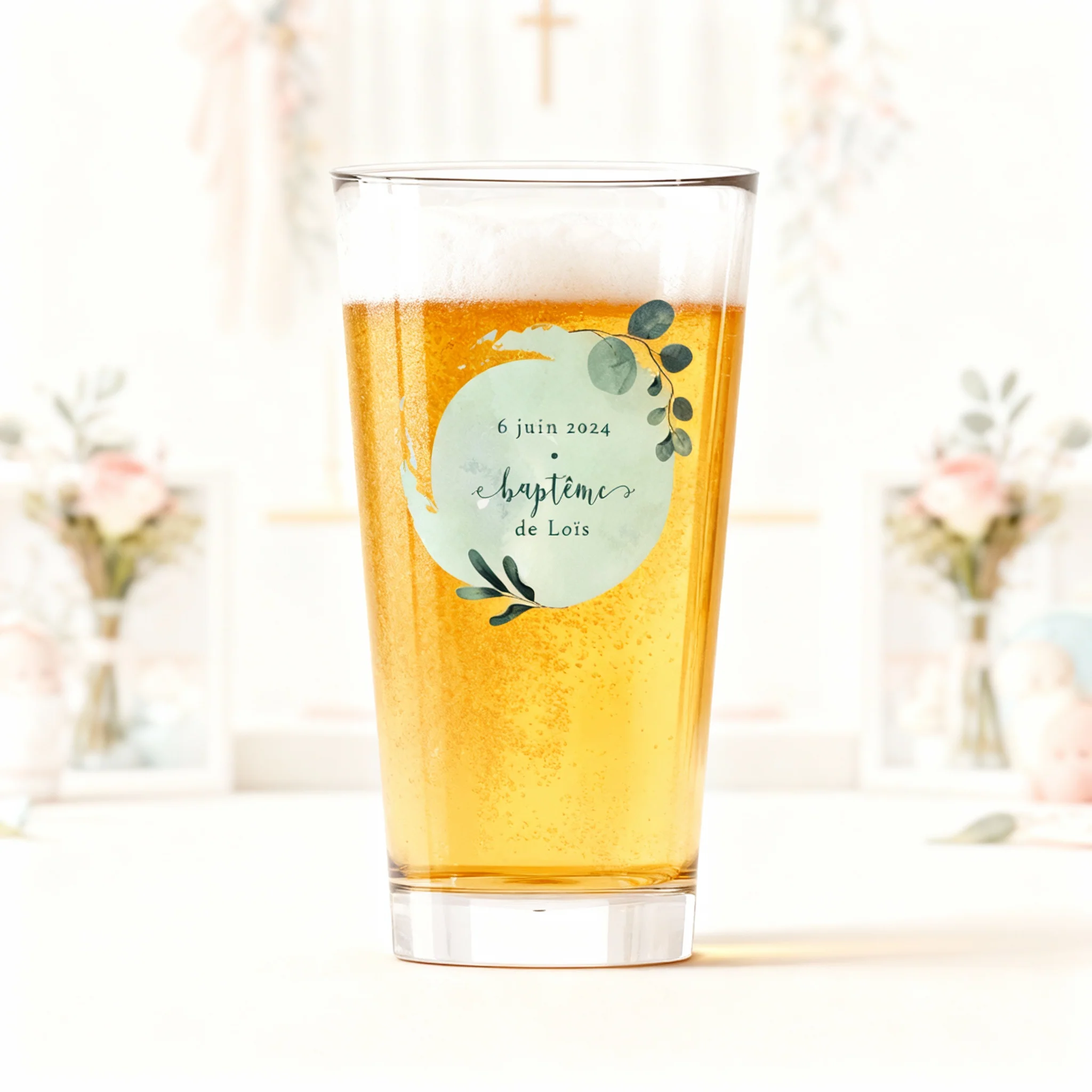 Verre à bière personnalisé Pinte en verre - Baptême Bleu & Feuilles - Image 2