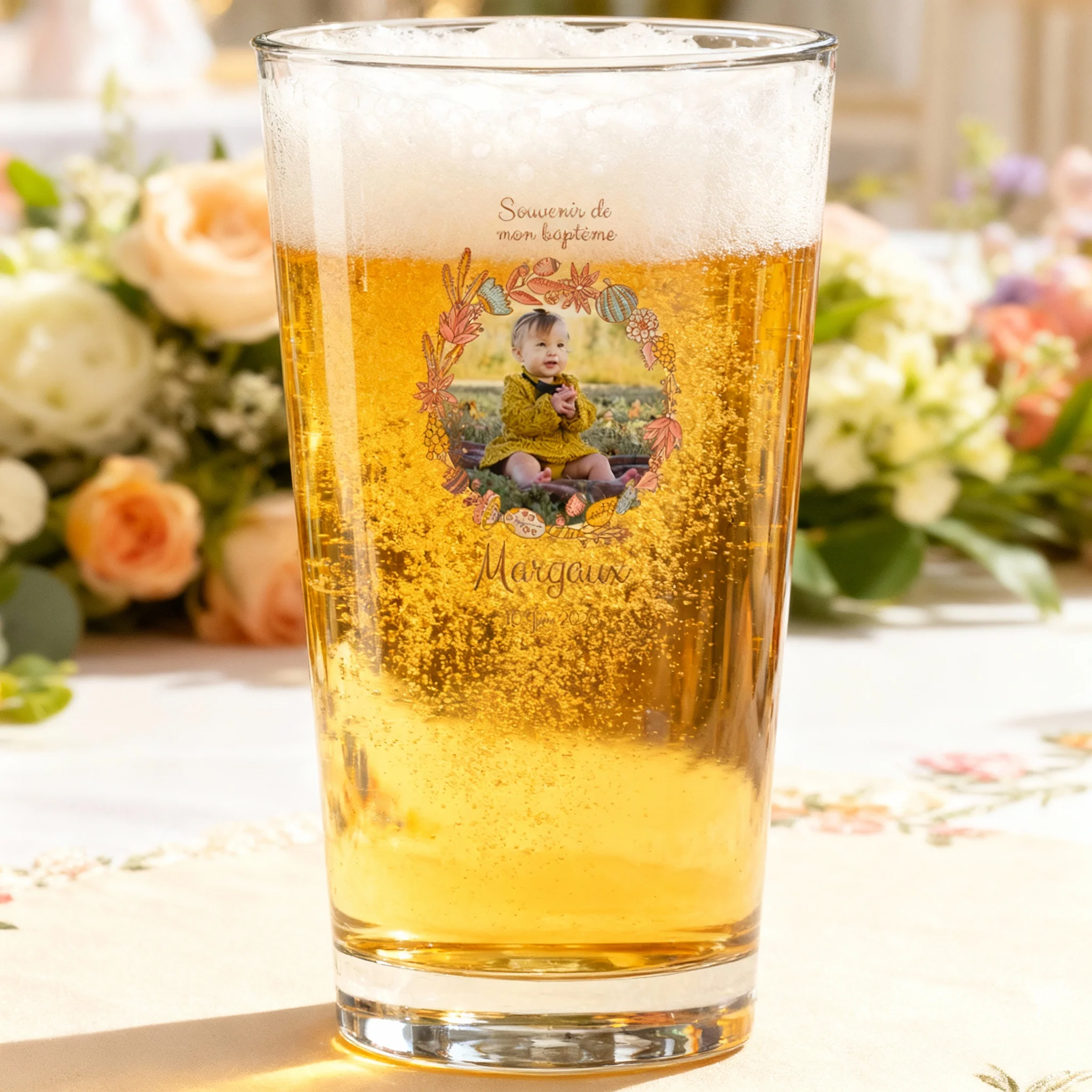 Verre à bière personnalisé Pinte en verre - Baptême Couronne Rose - Image 2