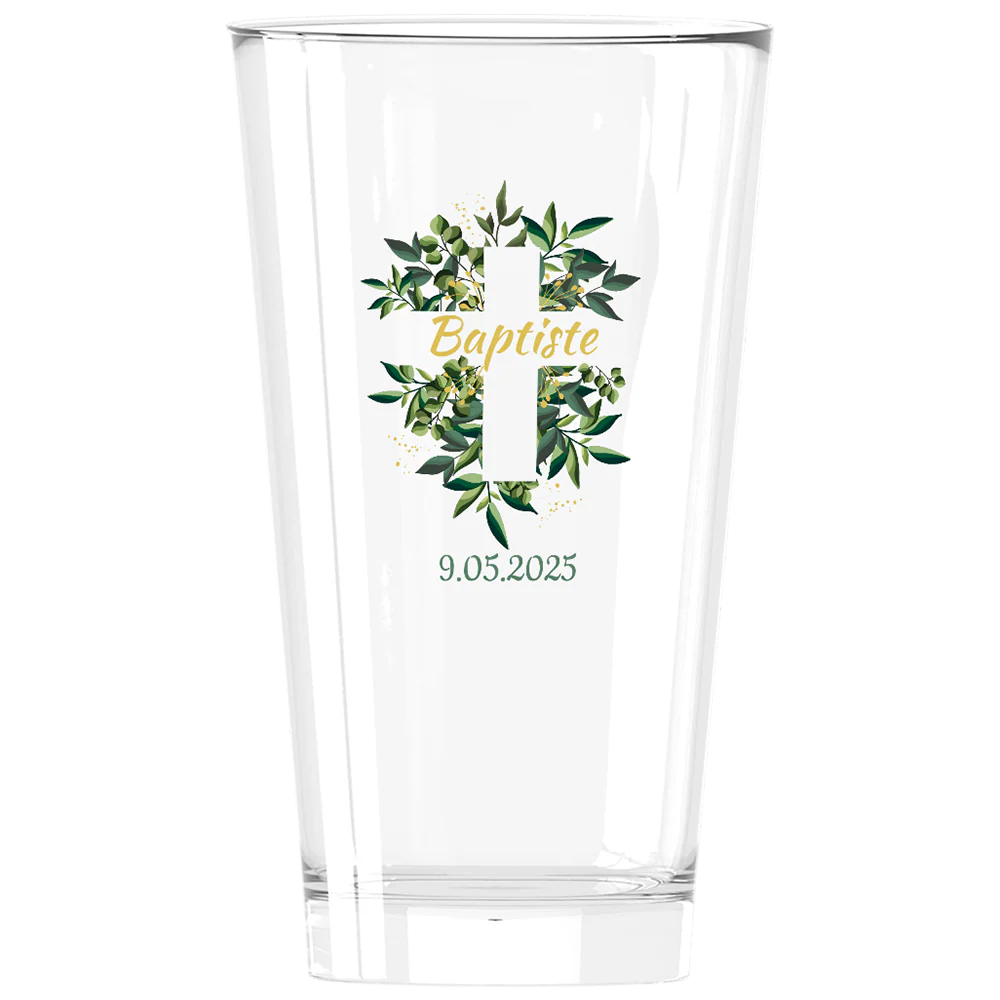 Verre à bière personnalisé Pinte en verre - Baptême Croix & Feuilles