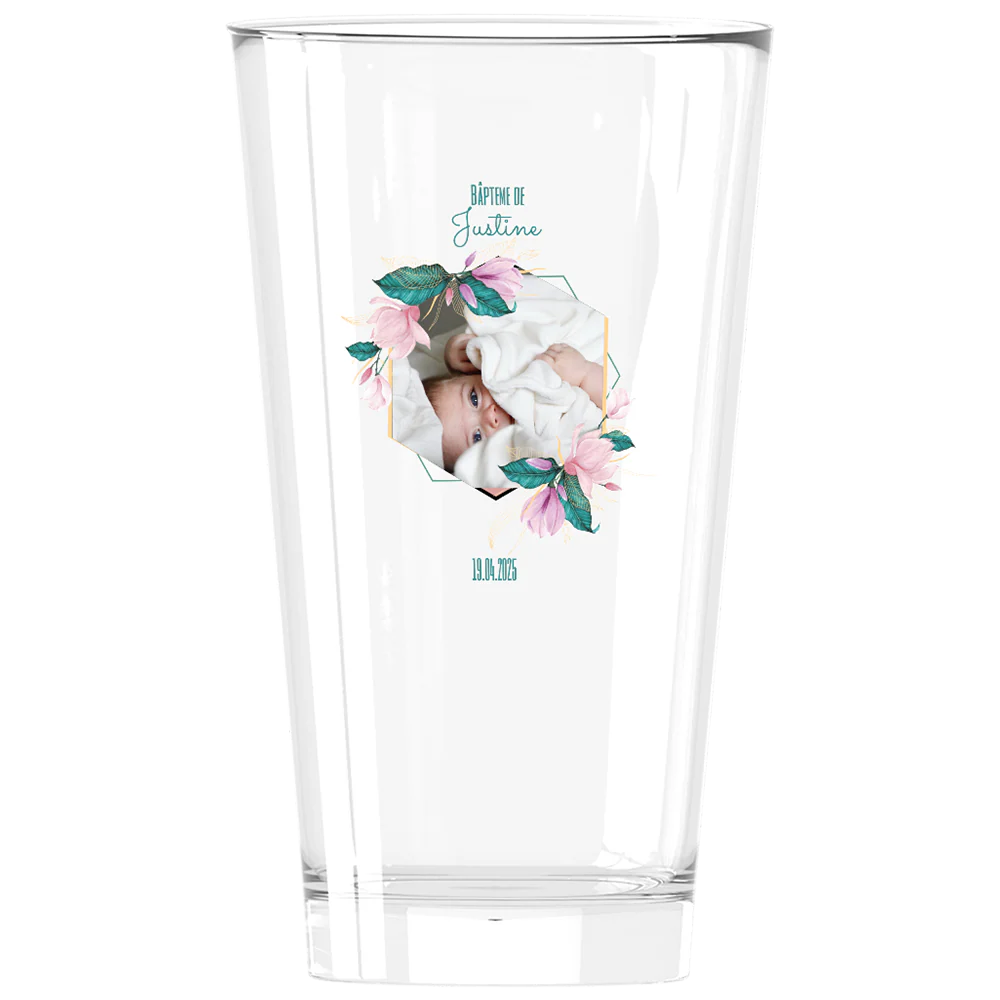 Verre à bière personnalisé Pinte en verre - Baptême Rose & Bleu
