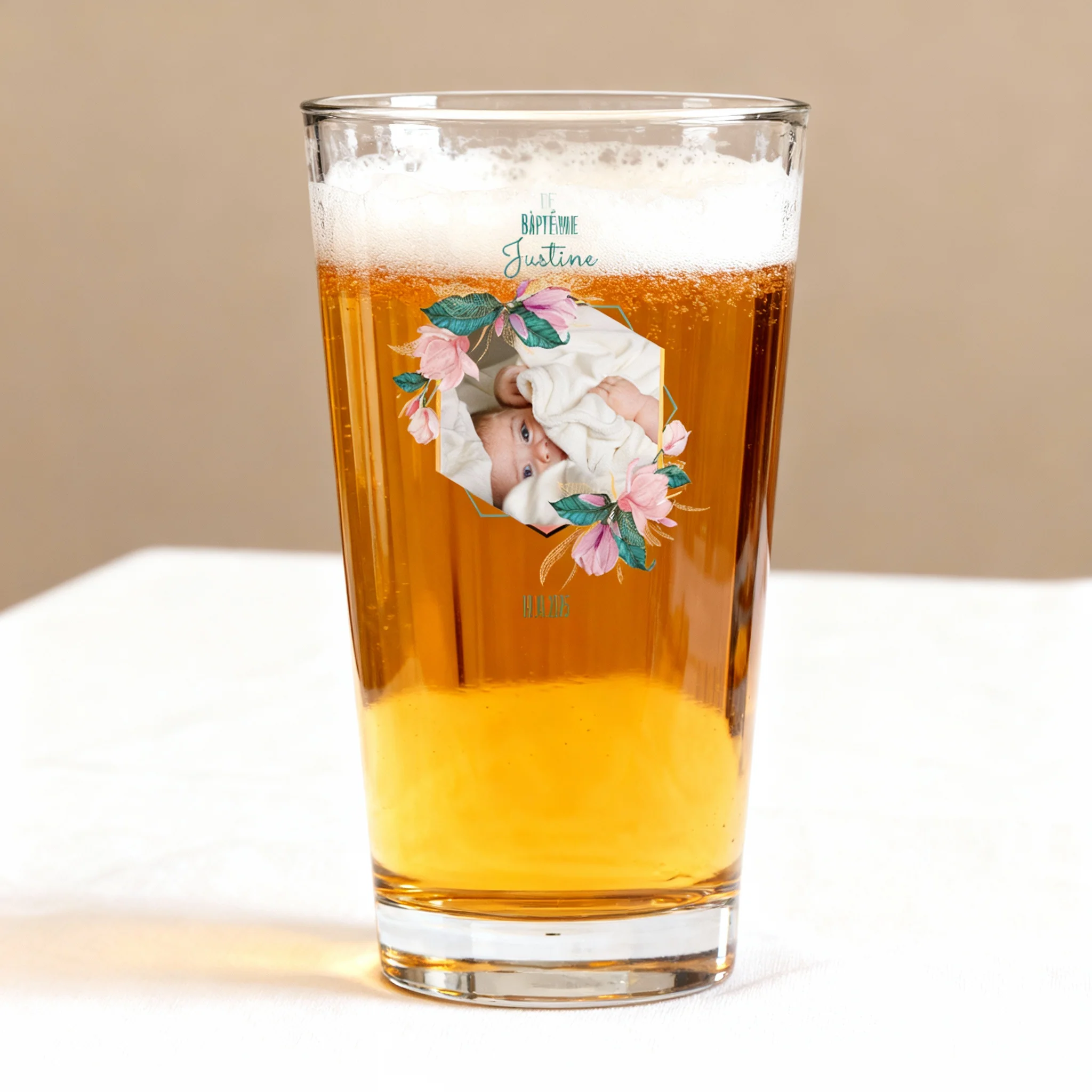 Verre à bière personnalisé Pinte en verre - Baptême Rose & Bleu - Image 2