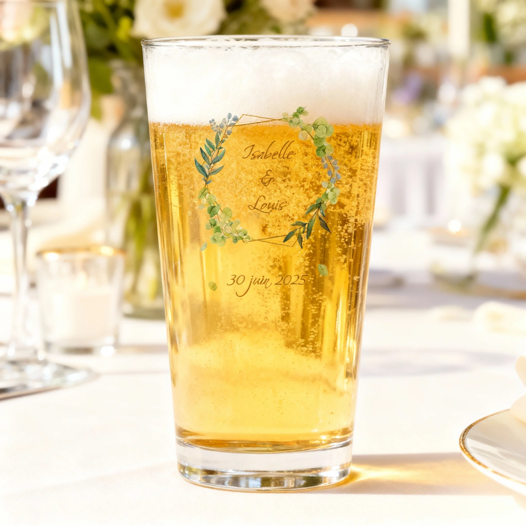 Verre à bière personnalisé Pinte en verre - Mariage Encadrement Vert - Image 2