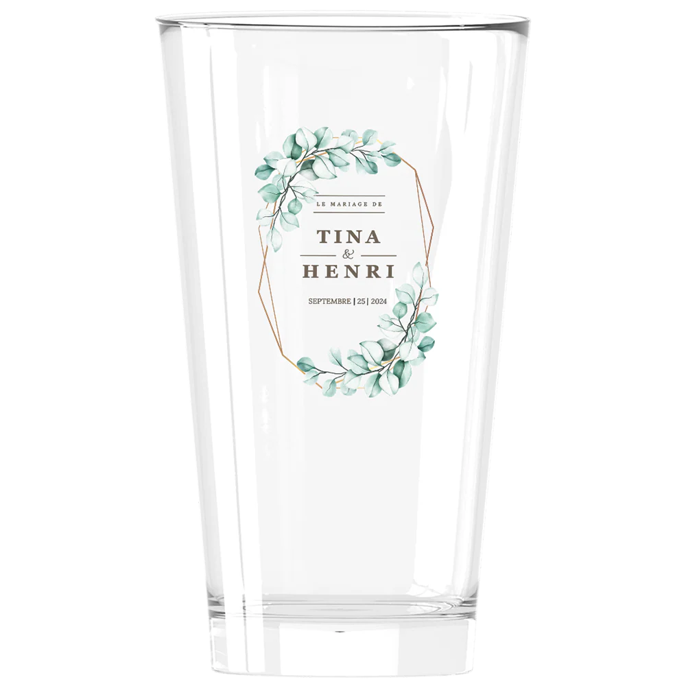 Verre à bière personnalisé Pinte en verre - Mariage Vert & Doré