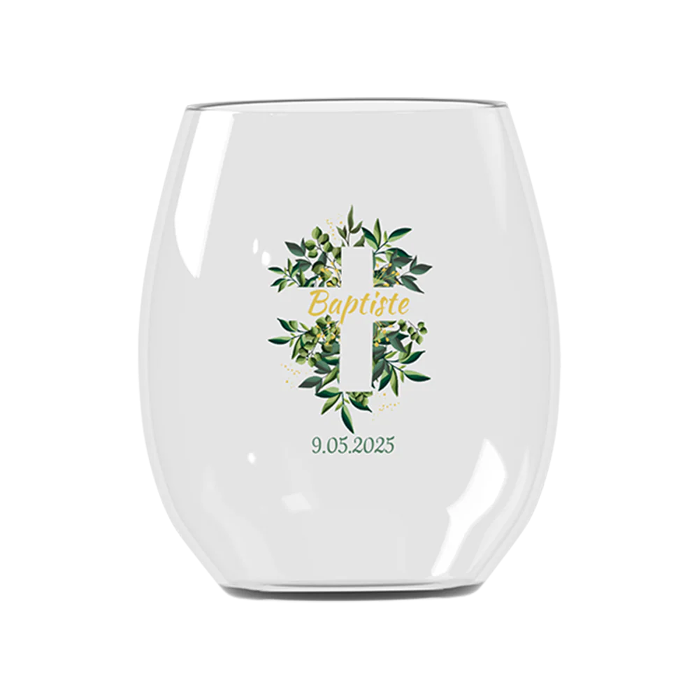 Verre à eau personnalisé incassable -  Baptême Croix & Feuilles