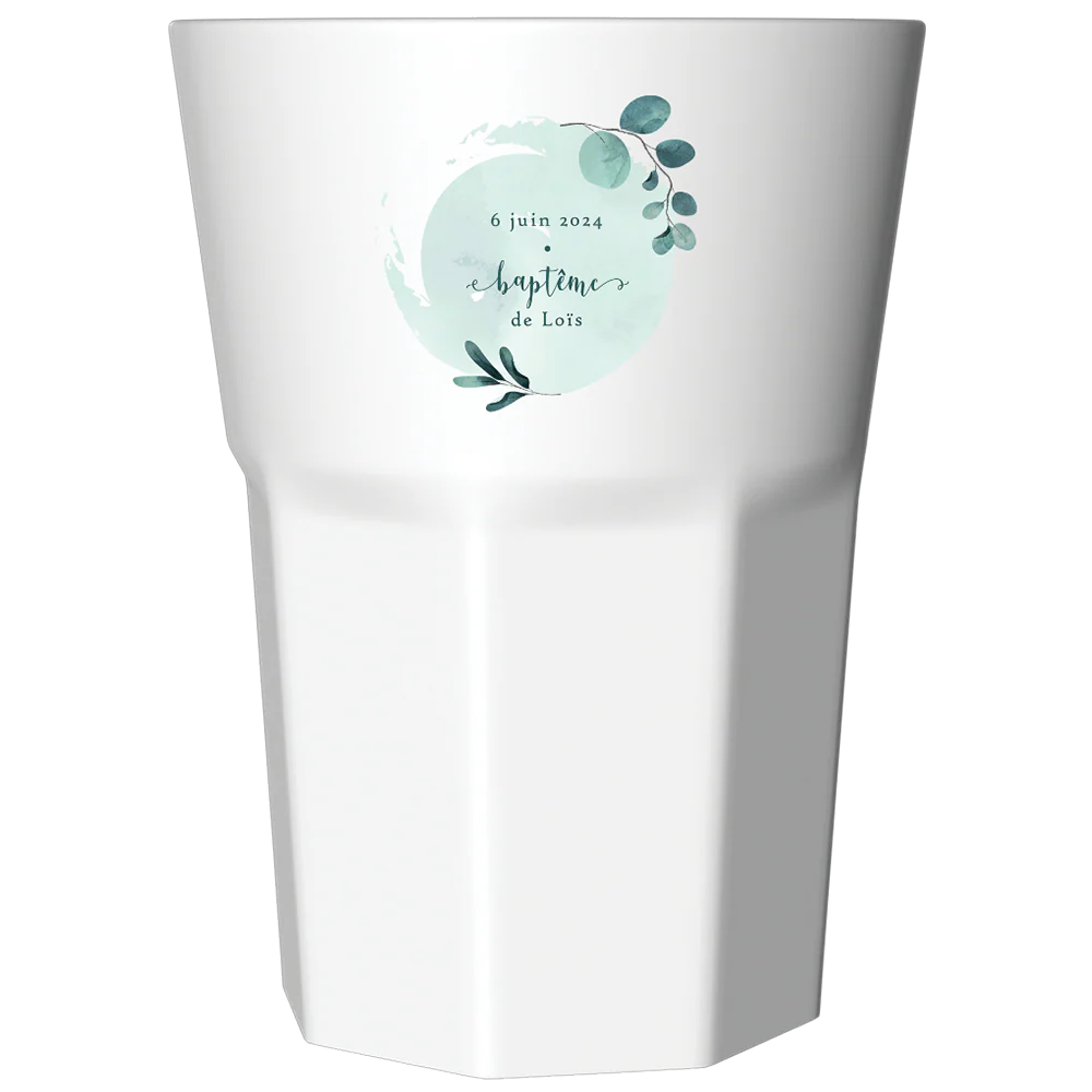 Verre à Mojito personnalisé blanc - Baptême Bleu & Feuilles