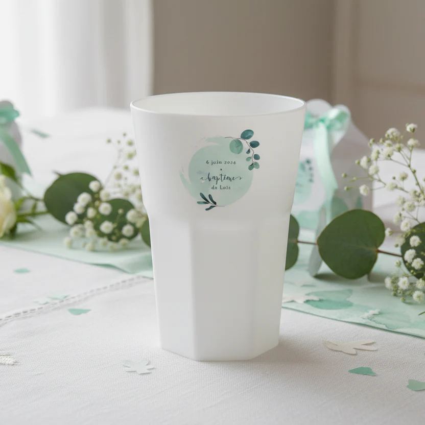 Verre à Mojito personnalisé blanc - Baptême Bleu & Feuilles - Image 2