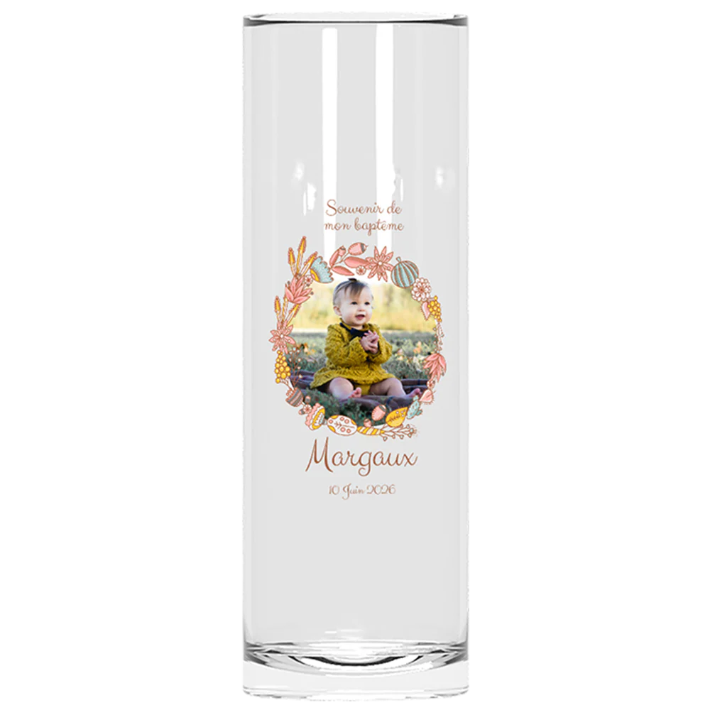 Verre à tube personnalisé - Baptême Couronne Rose