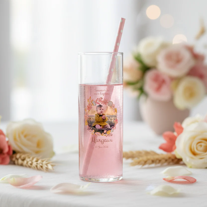 Verre à tube personnalisé - Baptême Couronne Rose - Image 2