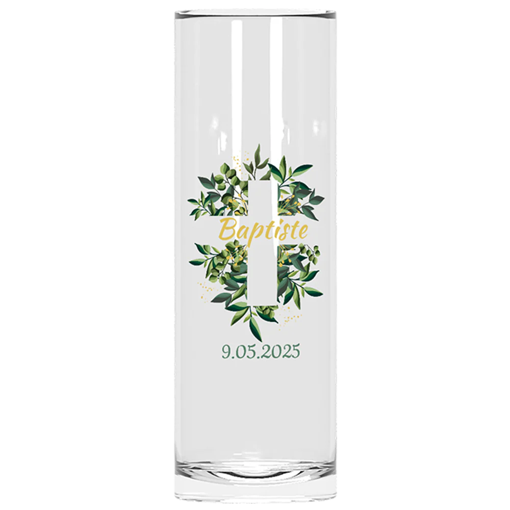 Verre à tube personnalisé - Baptême Croix & Feuilles