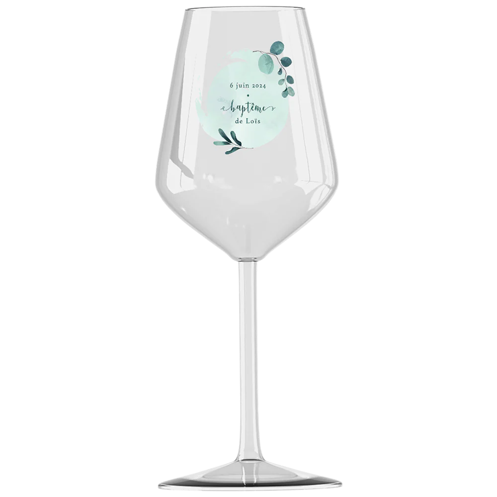 Verre à vin cabernet en verre personnalisé - Baptême Bleu & Feuilles