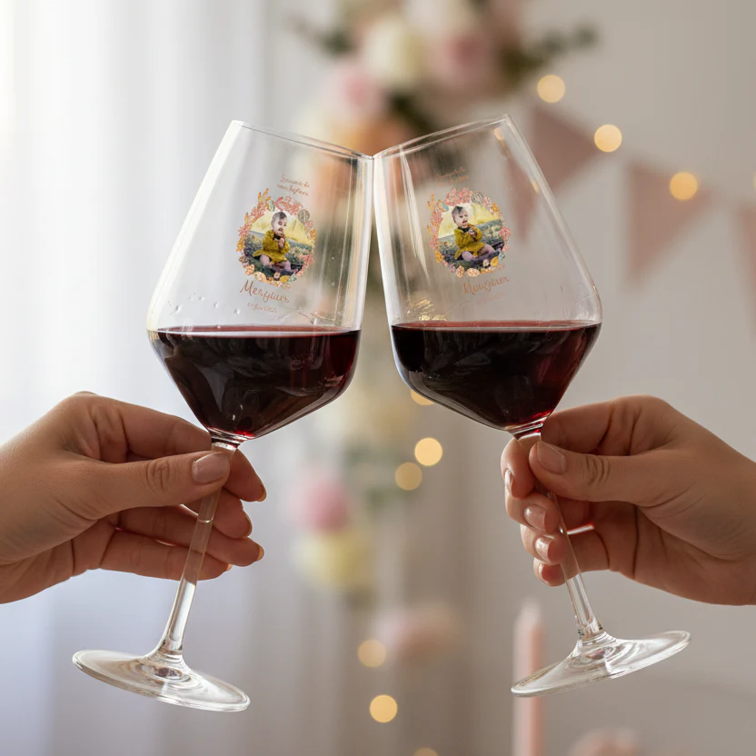 Verre à vin cabernet en verre personnalisé - Baptême Couronne Rose - Image 2