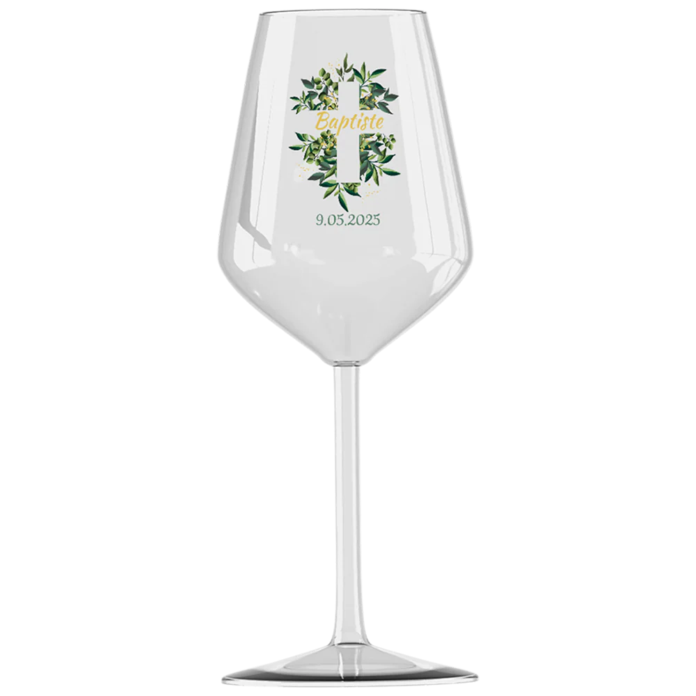 Verre à vin cabernet en verre personnalisé - Baptême Croix & Feuilles