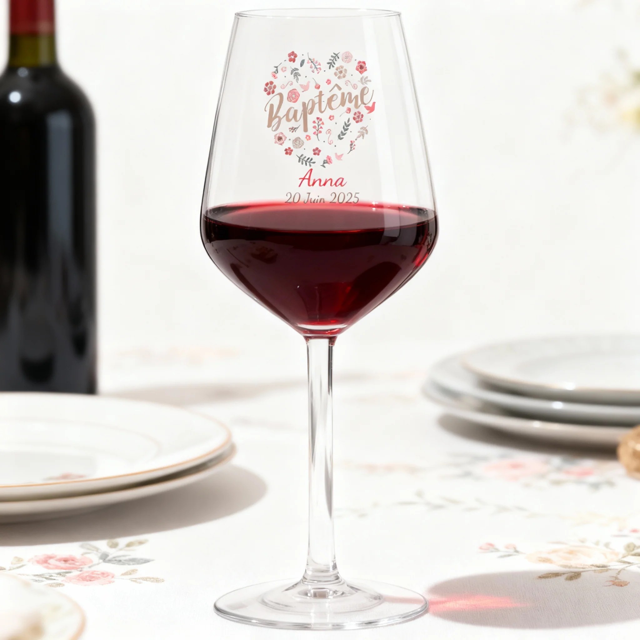 Verre à vin cabernet en verre personnalisé - Baptême Fleuri - Image 2