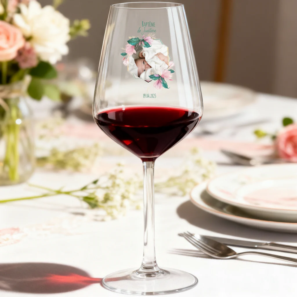 Verre à vin cabernet en verre personnalisé - Baptême Rose & Bleu - Image 2