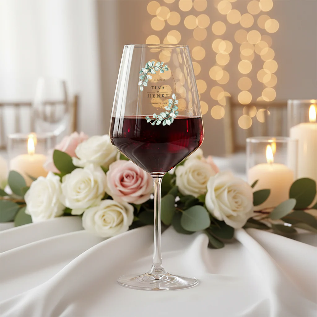 Verre à vin cabernet en verre personnalisé - Mariage Vert & Doré - Image 2