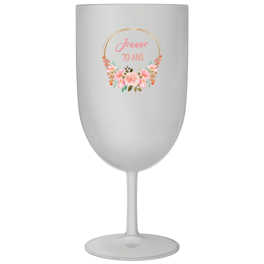 Verre à vin personnalisé en plastique - Anniversaire Couronne Fleurs
