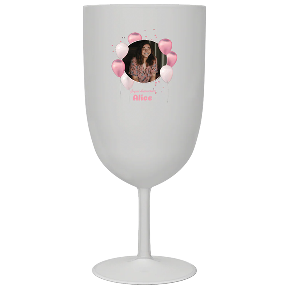Verre à vin personnalisé en plastique - Anniversaire Photo & Ballons Roses