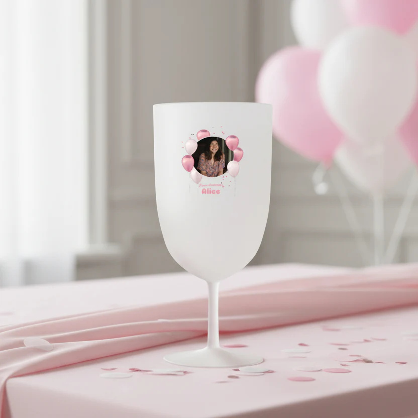 Verre à vin personnalisé en plastique - Anniversaire Photo & Ballons Roses - Image 2