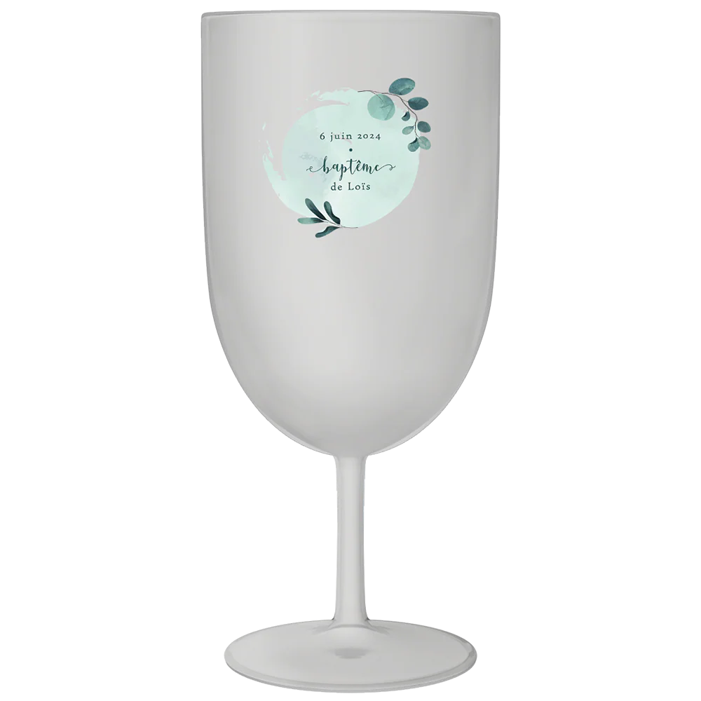 Verre à vin personnalisé en plastique - Baptême Bleu & Feuilles