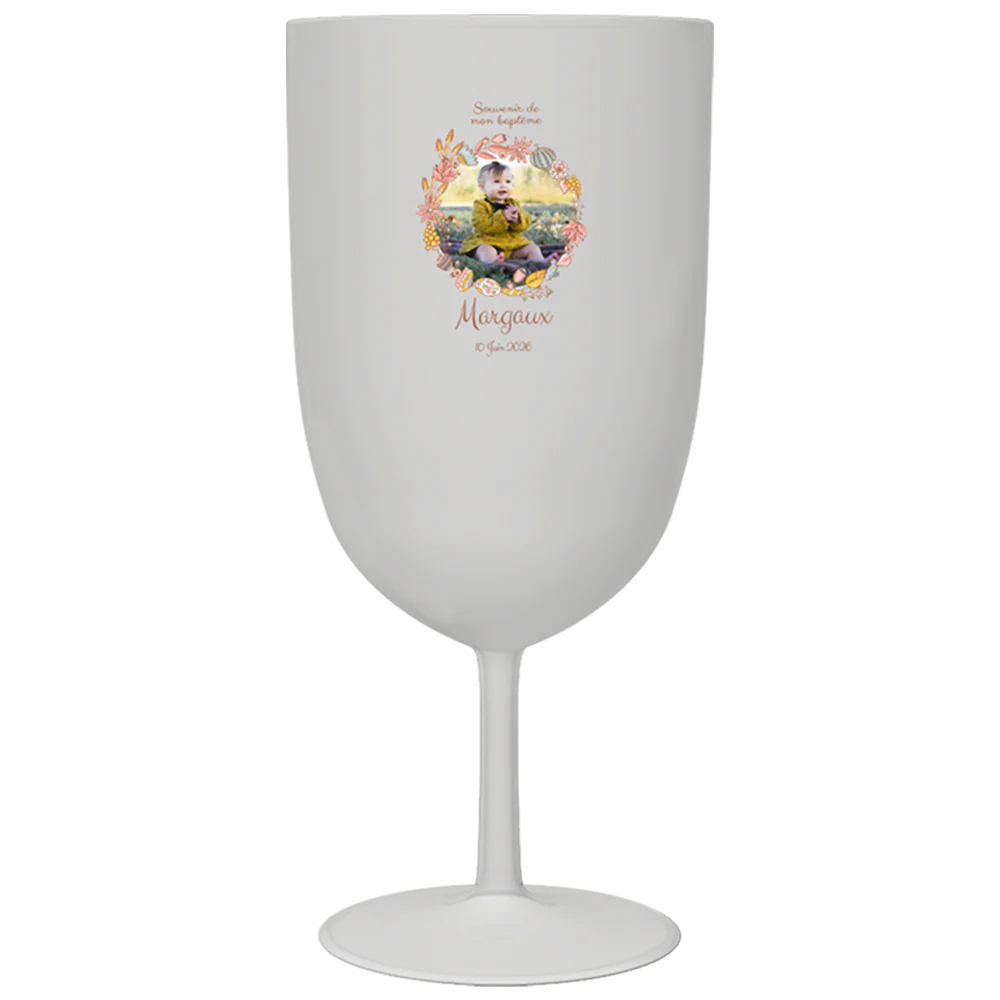 Verre à vin personnalisé en plastique - Baptême Couronne Rose