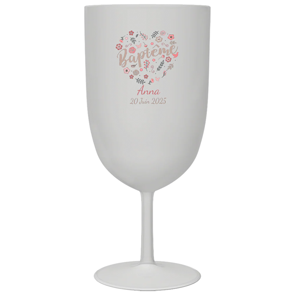 Verre à vin personnalisé en plastique - Baptême Fleuri