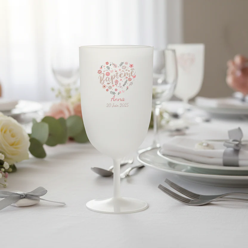 Verre à vin personnalisé en plastique - Baptême Fleuri - Image 2