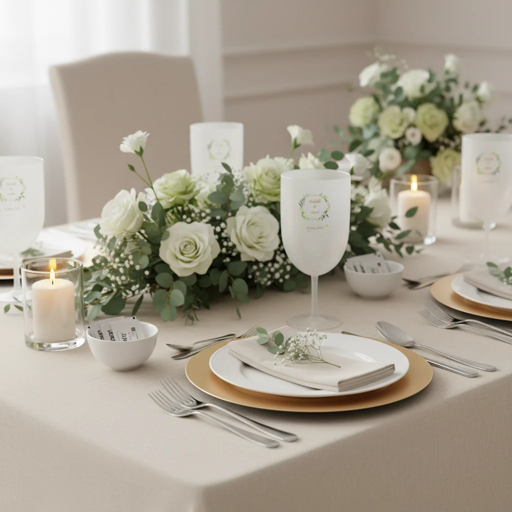 Verre à vin personnalisé en plastique - Mariage Encadrement Vert - Image 2