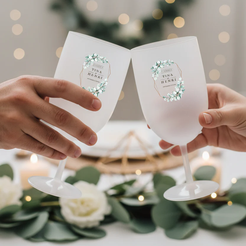 Verre à vin personnalisé en plastique - Mariage Vert & Doré - Image 2
