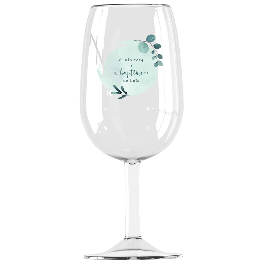 Verre à vin Syrah personnalisé incassable - Baptême Bleu & Feuilles