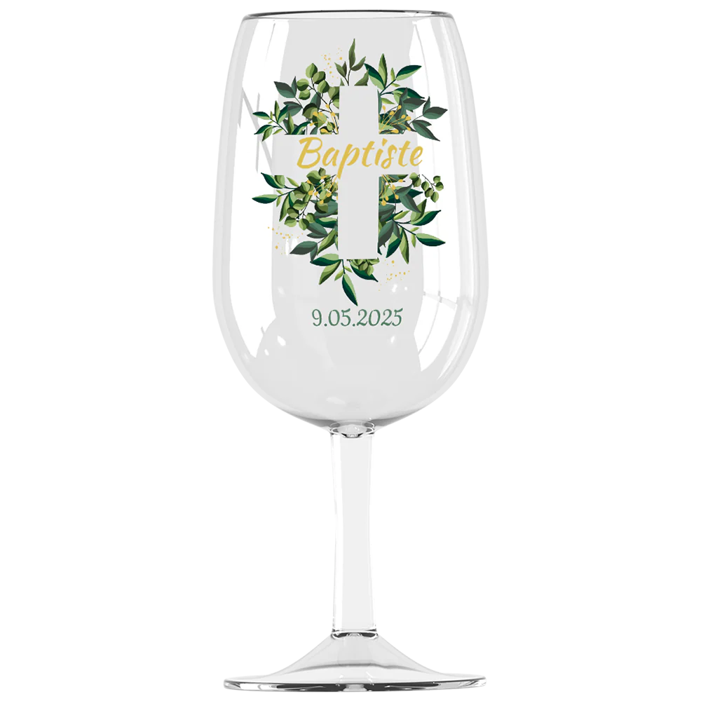 Verre à vin Syrah personnalisé incassable - Baptême Croix & Feuilles