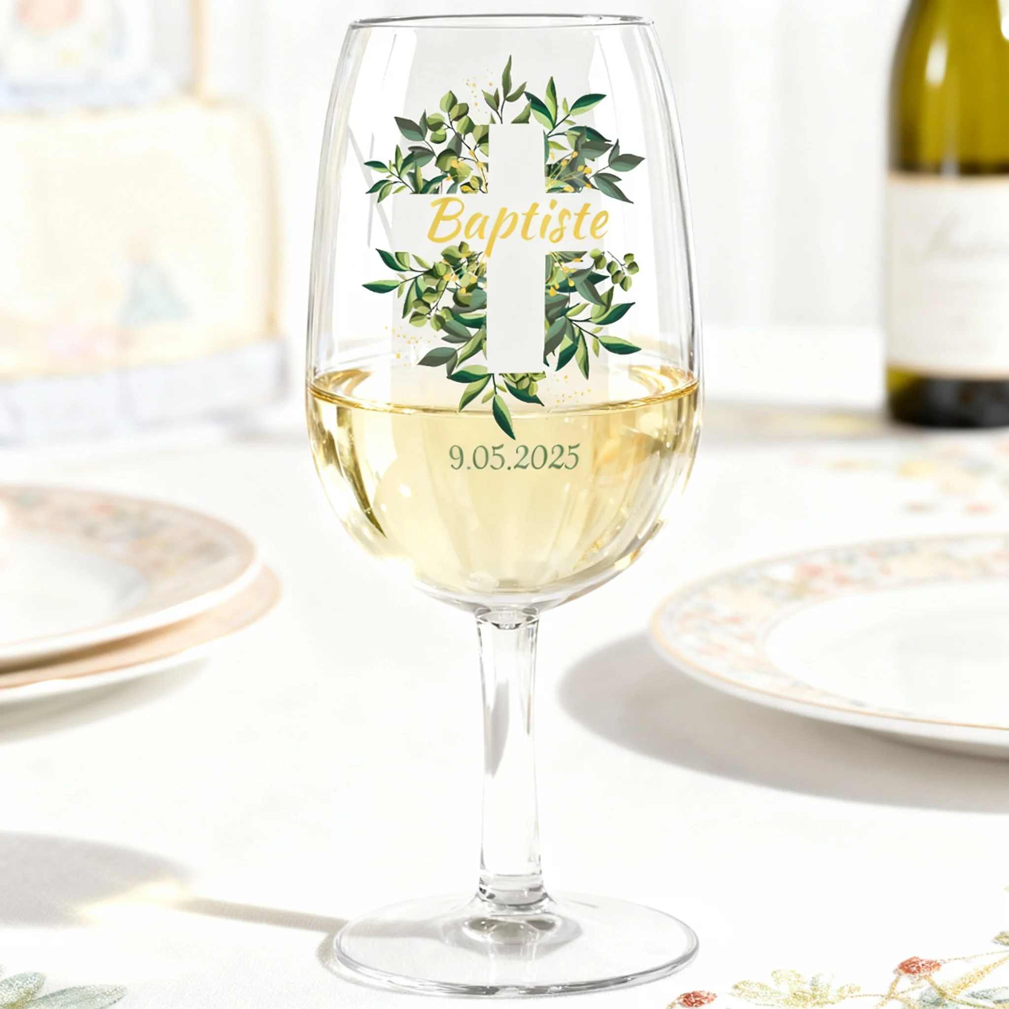 Verre à vin Syrah personnalisé incassable - Baptême Croix & Feuilles - Image 2