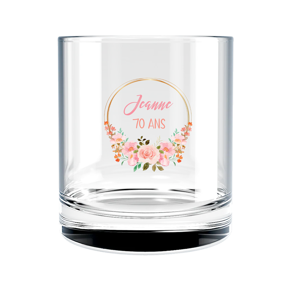 Verre à whisky personnalisé en verre - Anniversaire Couronne Fleurs