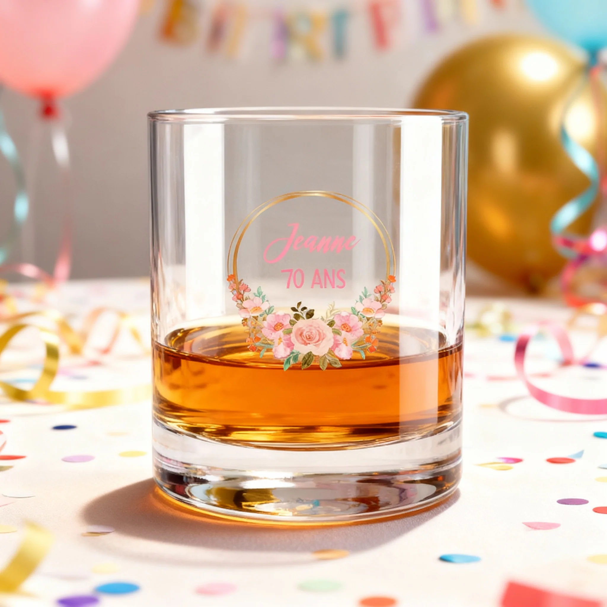 Verre à whisky personnalisé en verre - Anniversaire Couronne Fleurs - Image 2