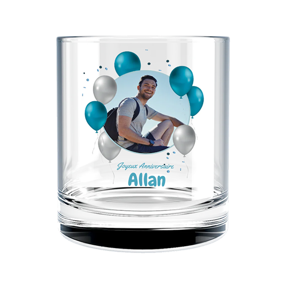 Verre à whisky personnalisé en verre - Anniversaire Photo & Ballons Bleus