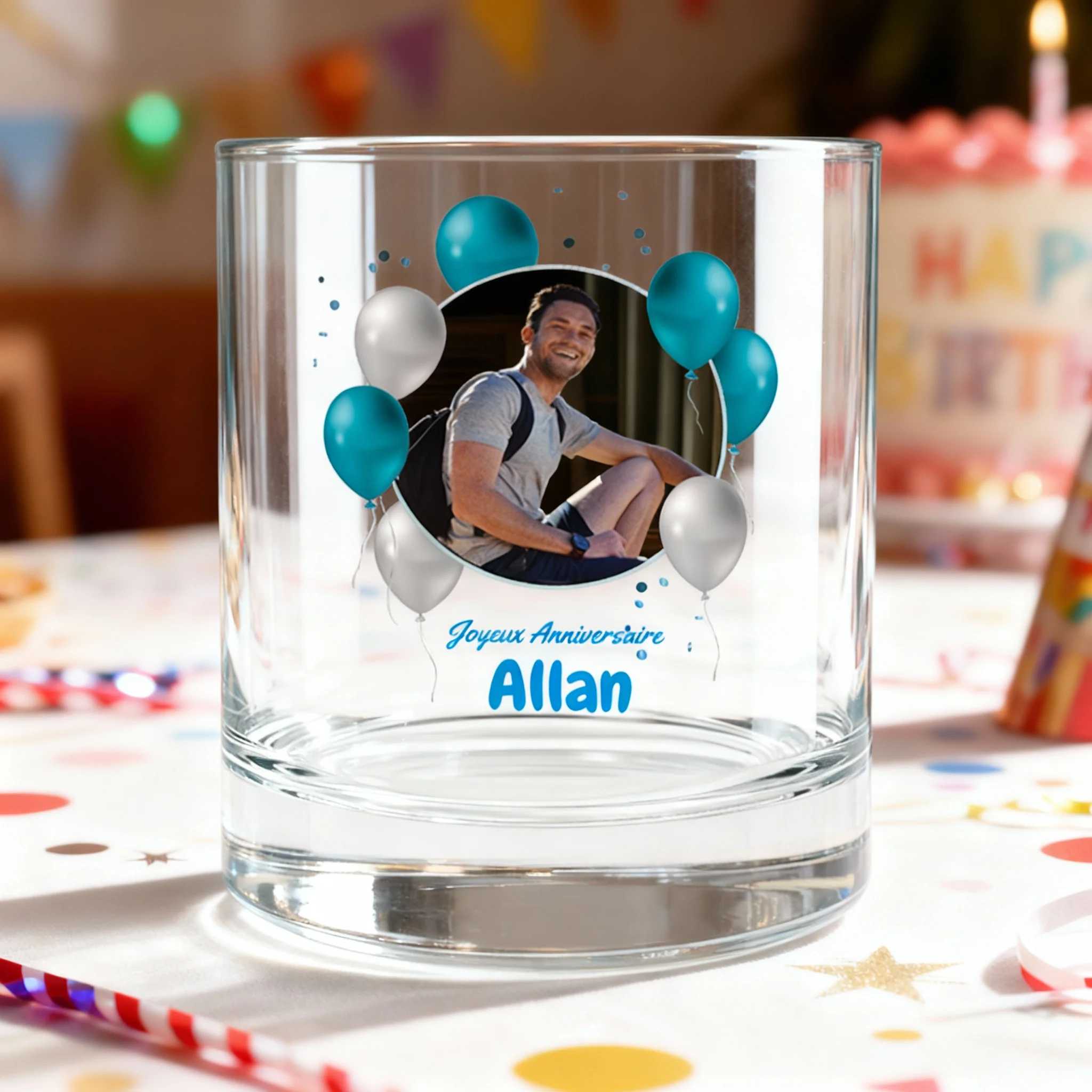 Verre à whisky personnalisé en verre - Anniversaire Photo & Ballons Bleus - Image 2