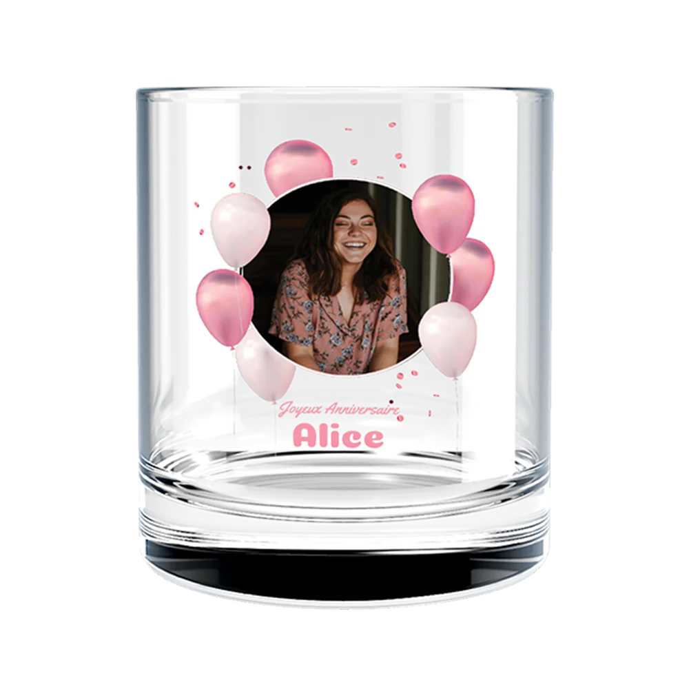 Verre à whisky personnalisé en verre - Anniversaire Photo & Ballons Roses