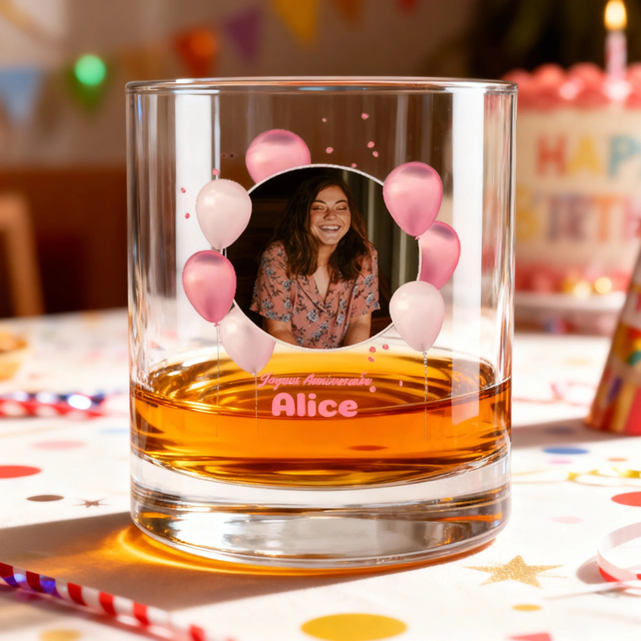 Verre à whisky personnalisé en verre - Anniversaire Photo & Ballons Roses - Image 2