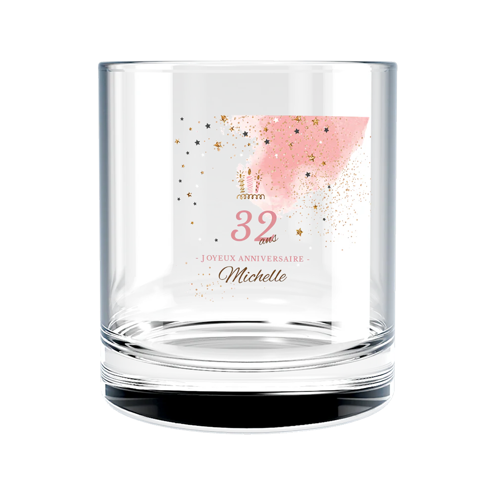 Verre à whisky personnalisé en verre - Anniversaire Rose & Doré