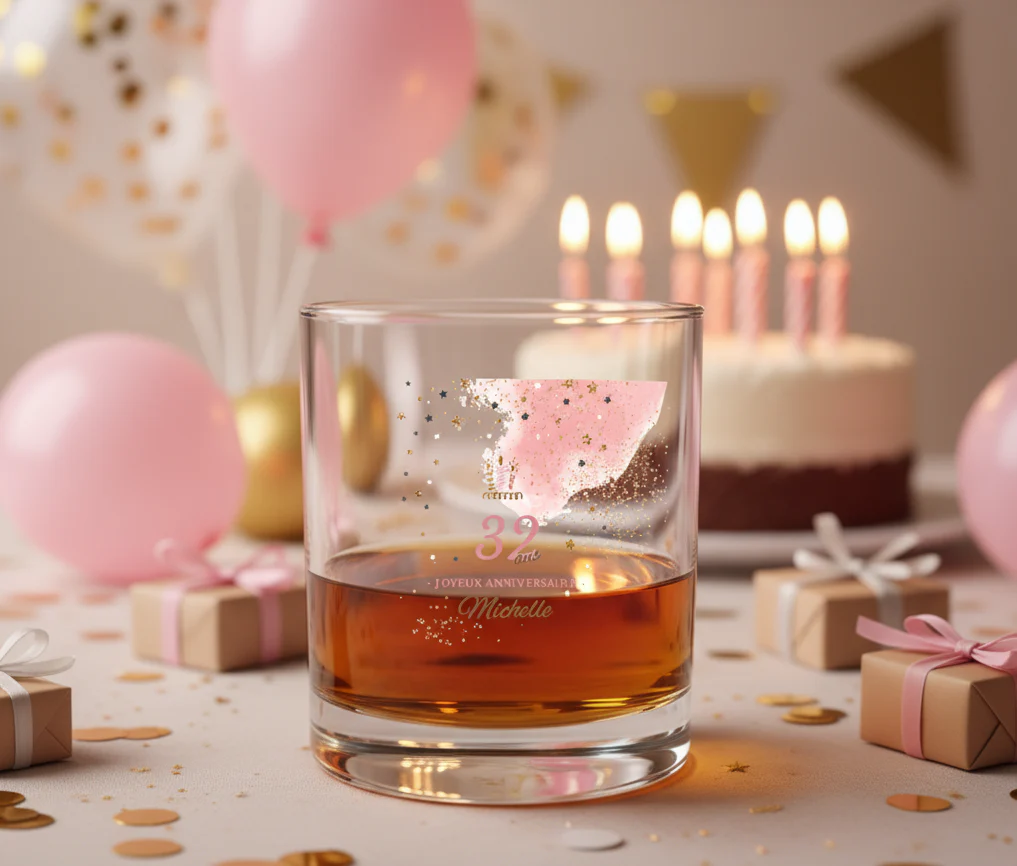 Verre à whisky personnalisé en verre - Anniversaire Rose & Doré - Image 2