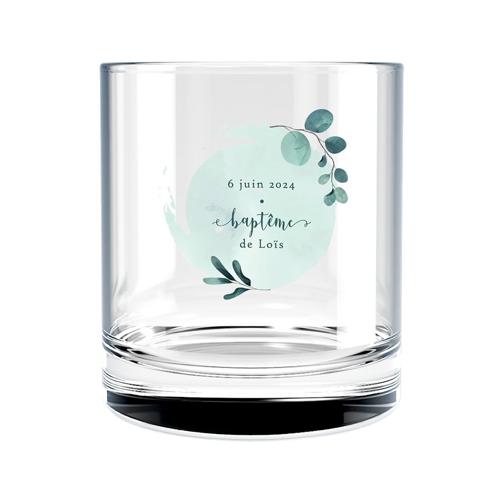 Verre à whisky personnalisé en verre - Baptême Bleu & Feuilles