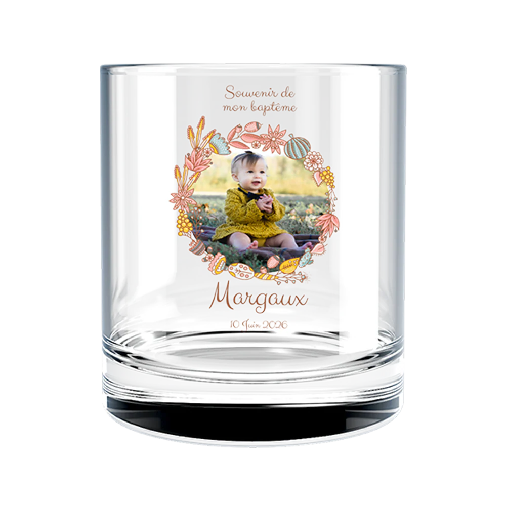 Verre à whisky personnalisé en verre - Baptême Couronne Rose