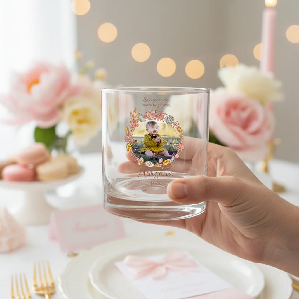 Verre à whisky personnalisé en verre - Baptême Couronne Rose - Image 2